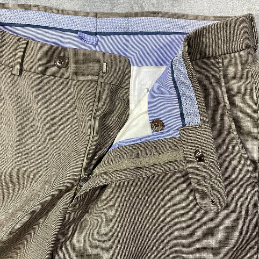 Neiman Marcus Dress Pants 34x32 Beige Sharkskin Super 120s Wool Straight Wide